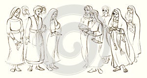 Five wise and five foolish virgins. Pencil drawing photo