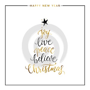Joy, love, peace, believe, Christmas gold text isolated