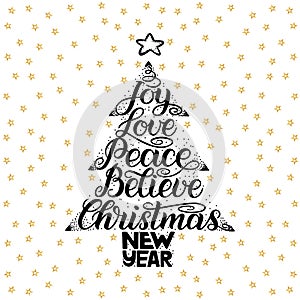 Joy, love, peace, believe, christmas, new year. Handwriting lettering for greeting card, invitation, print, poster. Typography hol