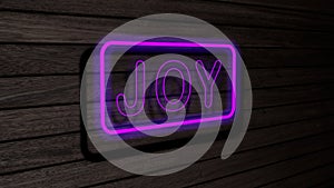 Joy purple color neon fluorescent tubes signs on wooden wall. 3D render, illustration, poster, banner. Inscription, concept on