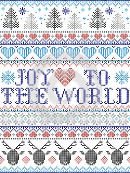 Joy to the World Christmas pattern with Scandinavian Nordic festive winter pastern in cross stitch with heart, snowflake in colour