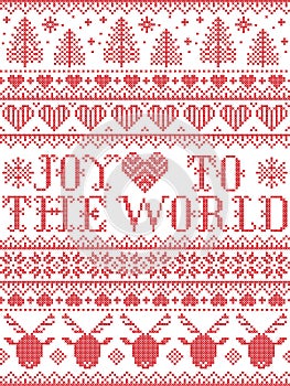 Joy to the World Christmas pattern with Scandinavian Nordic festive winter pastern in cross stitch with heart, snowflake red white