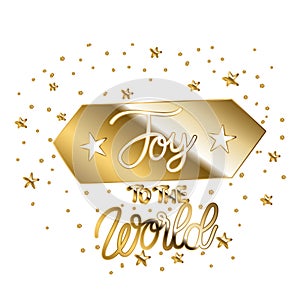 Joy to the world in gold lettering on square with points