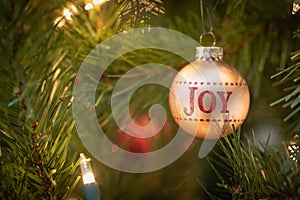 Joy Written on Christmas Ornament Hanging on Tree