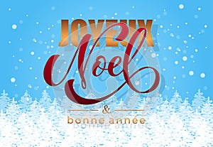 Joyeux noel and Bonee Annee. Merry Christmas card template with greetings in French photo