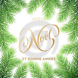 Joyeux Noel French Merry Christmas and Bonne Annee New Year holiday golden hand drawn quote calligraphy greeting card on Christmas