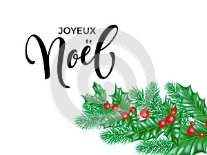 Joyeux Noel French Merry Christmas calligraphy font on white premium background for winter Xmas holiday design template. Vector Ch