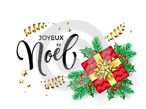 Joyeux Noel French Merry Christmas calligraphy hand drawn text for greeting card background template. Vector Christmas tree holly