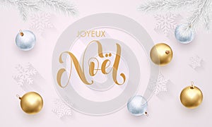 Joyeux Noel French Merry Christmas golden decoration, hand drawn gold calligraphy font for greeting card white background. Vector