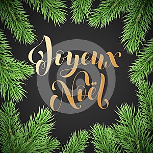 Joyeux Noel French Merry Christmas golden hand drawn quote calligraphy and Christmas tree branch wreath for holiday greeting card