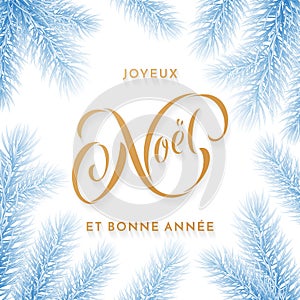 Joyeux Noel French Merry Christmas holiday golden hand drawn calligraphy text greeting and fir branch decoration card design templ