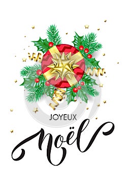 Joyeux Noel French Merry Christmas holiday hand drawn calligraphy text for greeting card background design template. Vector gift o