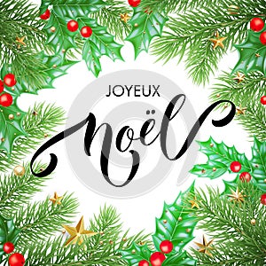 Joyeux Noel French Merry Christmas holiday hand drawn calligraphy text greeting and holly wreath decoration for card design templa