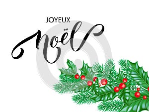 Joyeux Noel French Merry Christmas holiday hand drawn quote calligraphy lettering greeting card background template. Vector Christ