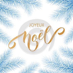 Joyeux Noel French Merry Christmas trendy golden calligraphy and fir branch wreath on white frozen blue frost background for winte