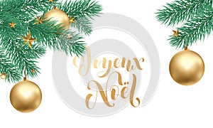 Joyeux Noel French Merry Christmas trendy golden calligraphy and fir branch wreath on white snow background for winter holiday des