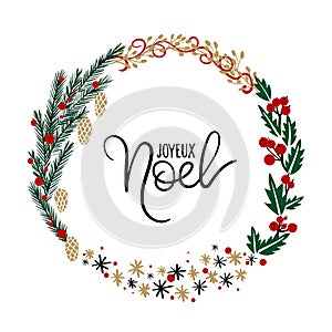 Joyeux Noel Hand Lettering Greeting Card. Christmas Wreath