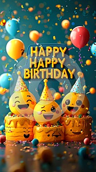 Joyful 3D emoji faces wearing party hats with HAPPY BIRTHDAY message balloons confetti celebrating a festive and cheerful birthday