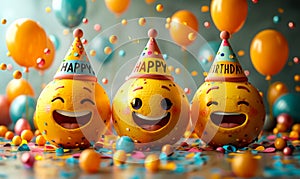 Joyful 3D emoji faces wearing party hats with HAPPY BIRTHDAY message balloons confetti celebrating a festive and cheerful birthday