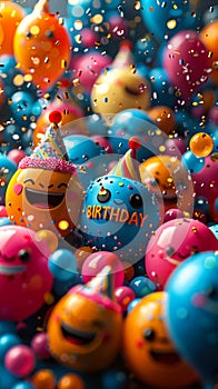 Joyful 3D emoji faces wearing party hats with HAPPY BIRTHDAY message balloons confetti celebrating a festive and cheerful birthday