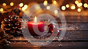 Joyful Advent Delights Christmas Background - First Advent Sunday - Red Advent Candle with Natural Xmas Decoration, Branches, and