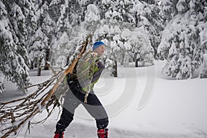 Joyful adventurer drags an armful of firewood