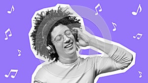 Joyful african american guy using wireless headset, listening to music