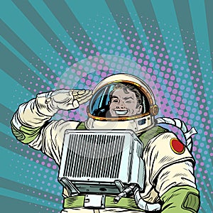 The joyful astronaut salutes, the cosmonaut captain. Soldier of the Universe