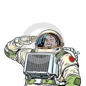 The joyful astronaut salutes, the cosmonaut captain. Soldier of the Universe
