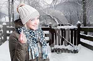 Joyful attractive female doing come here gesture