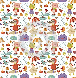 Joyful autumn seamless pattern with cute animal