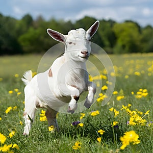 Joyful baby goat leaps among flowers in sunny field