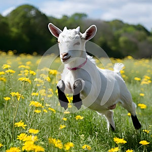 Joyful baby goat leaps among flowers in sunny field