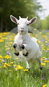 Joyful baby goat leaps among flowers in sunny field