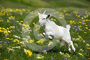 Joyful baby goat leaps among flowers in sunny field