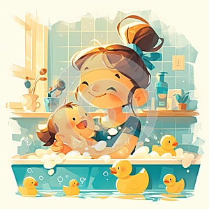 Joyful Bath Time with Mother and Baby