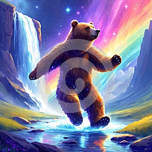 Joyful bear dancing in water under rainbow sky