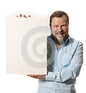 Joyful bearded man with blank paper folio studio portrait