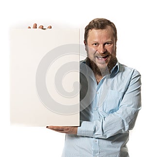 Joyful bearded man with blank paper folio studio portrait photo