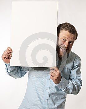 Joyful bearded man with blank paper folio studio portrait photo