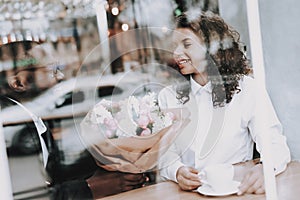 Joyful. Black Man. Date. Girl. Cafe. Flowers.