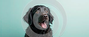 AI-generated portrait of happy black retriever dog with open mouth and shiny coat on mint green background for pet lovers and anim photo