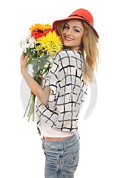 Joyful blonde model with a bouquet of flowers 3