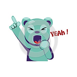 Joyful blue bear holding hand up saying Yeah vector illustration on a