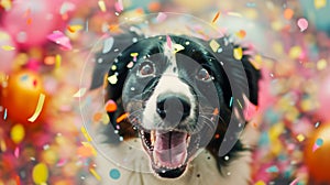 A joyful border collie dog celebrates with colorful confetti.