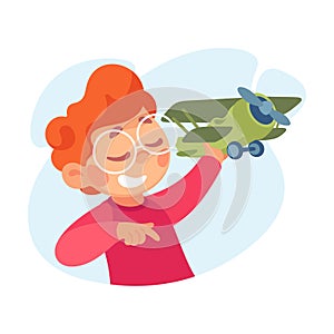 Joyful Boy Dream of Flying Play Plane Toy Vector Illustration