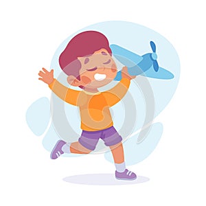 Joyful Boy Dream of Flying Play Plane Toy Vector Illustration