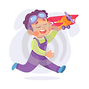 Joyful Boy Dream of Flying Play Plane Toy Vector Illustration