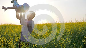 Joyful boy at hands parent in form of airplane at field, daddy with son at arms played into meadow flowers,