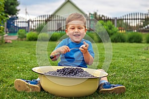 Joyful boy sitting on green grass and eating blueberries